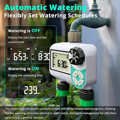 QUOBAS Weekly Plan 2 Zone Sprinkler Timer with Metal Inlet & Outlet, Water Timer for Garden Hose with Rain Delay/Manual Watering/Automatic Watering Controller System for Watering Lawn, Yard, Garden