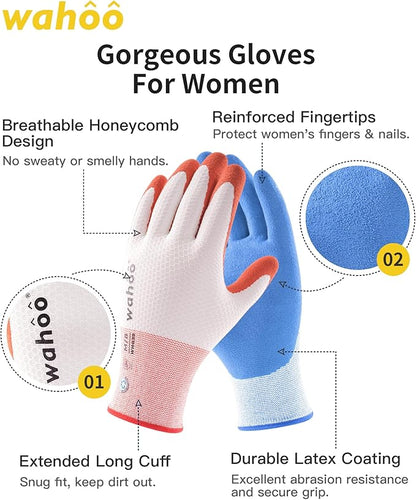 wahoo Gardening Gloves for Women, Garden Gloves with Latex Palm Coated, Breathable B.COMB AIR Technique, Pureed Pumpkin & Azure Blue, Medium, 2 Pairs