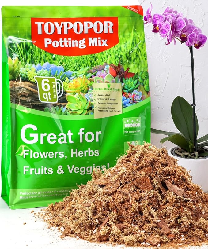 TOYPOPOR Orchid Potting Mix (6qts) for Repotting with Moss Pine Bark Mulch Perlite Stone and Coco Peat Natural Ingredients, Orchid Bark Potting Mix Orchid Repotting Kit Drainage Indoor Potting Medium