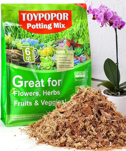 TOYPOPOR Orchid Potting Mix (6qts) for Repotting with Moss Pine Bark Mulch Perlite Stone and Coco Peat Natural Ingredients, Orchid Bark Potting Mix Orchid Repotting Kit Drainage Indoor Potting Medium