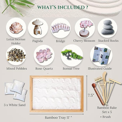 Zen Garden for Desk – Mini Japanese Rock Garden with Crystals, Bonsai Tree & Sand Tools,11x7.5in Stress Relief Desk Decor, Meditation & Relaxation Gift Set (Natural Bamboo)