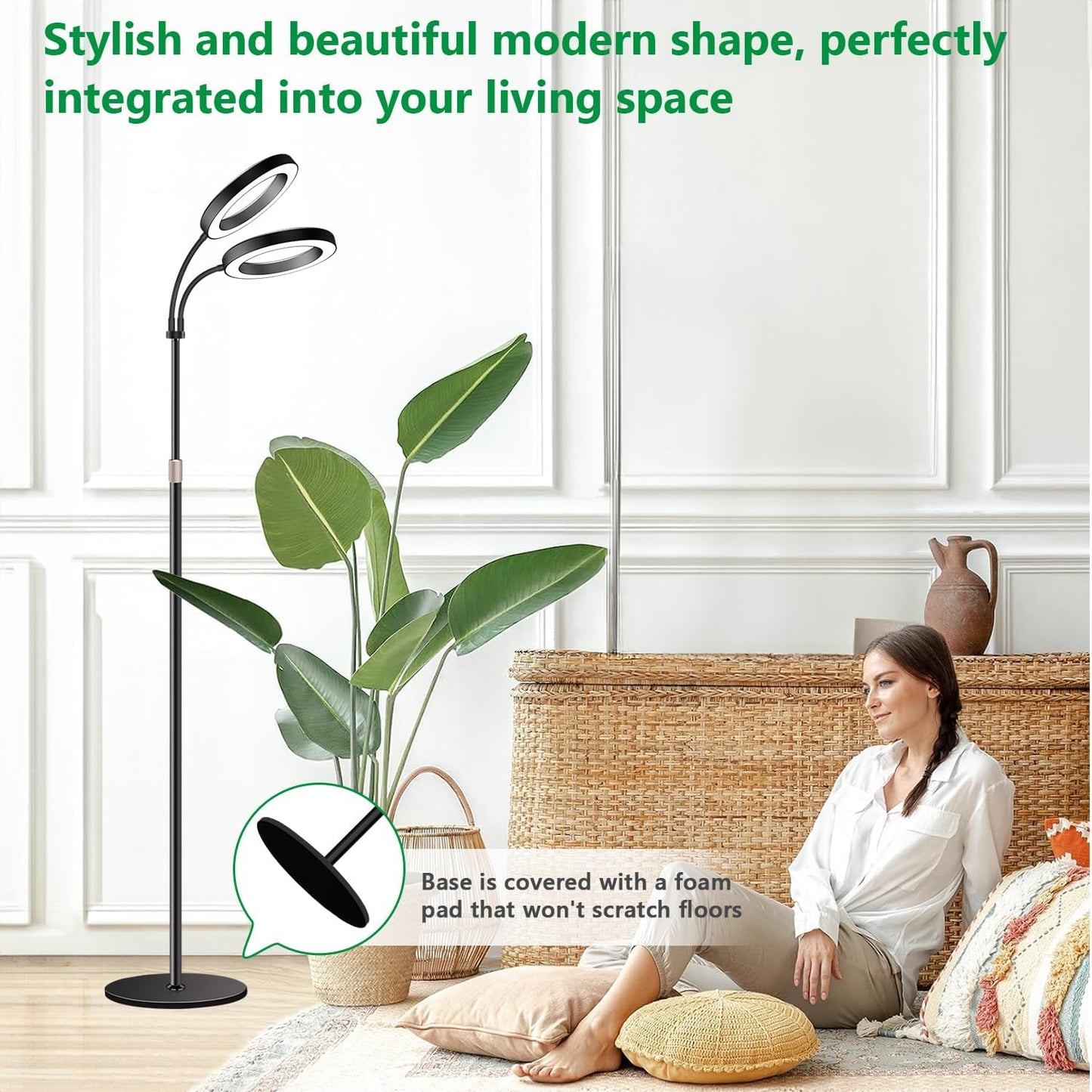 Large Plant Light for Indoor Plants, 2 Head Full Spectrum Grow Light with 68" Adjustable Stand for Growing Large Tall Plants, Black Halo Floor LED Grow Lamp with 16 Hour Timer