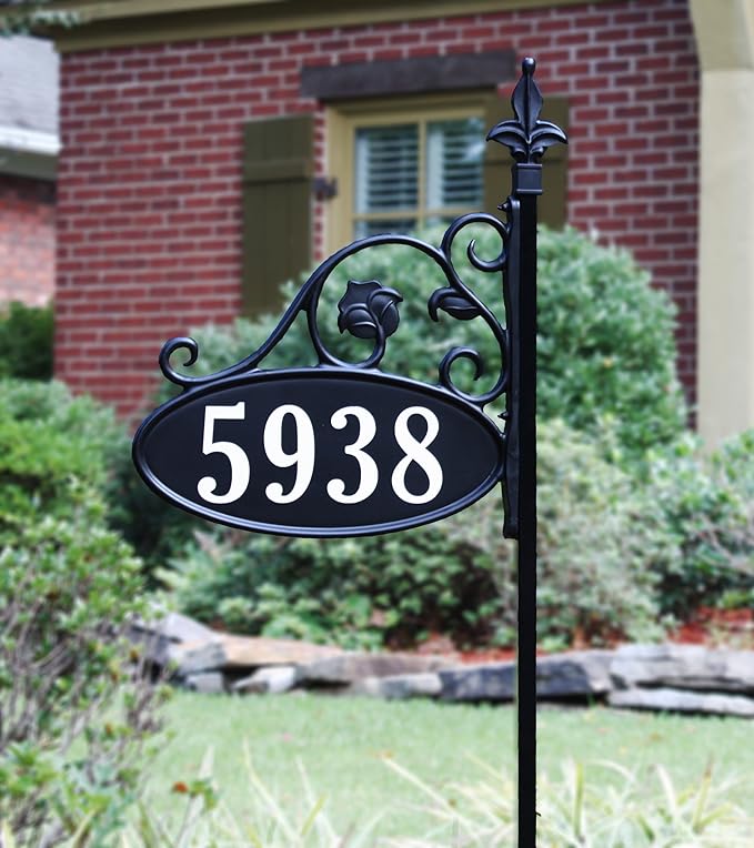 Address America USA Handcrafted Park Place Oval Reflective 911 Home Address Sign for Yard - Custom Made Address Plaque - Wrought Iron Look (58" Pole) - AS