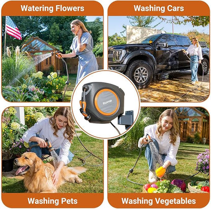 Ruvup Retractable Garden Hose Reel, 5/8in x 100ft Water Hose Reel with Metal Bracket, UV Resistant Automatic Hose Reel Wall Mount for Outside, Slow Retraction Any Length Lock 10 Spray Nozzle