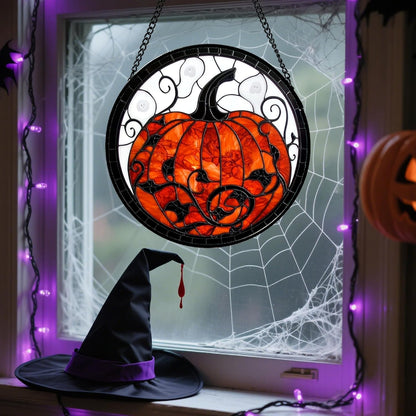 Stained Glass Window Hanging - Halloween Red White Scary Pumpkin Suncatcher for Doors Garden Home Spooky Rattan Sun Catchers Gothic Decor Horror Gifts for Women Men Friend Boy Girl 7.8 in