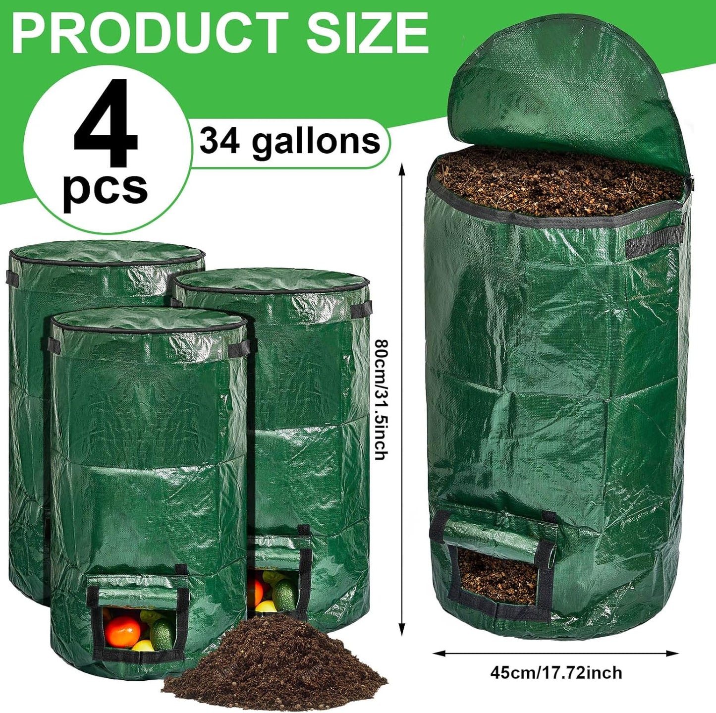 Ctosree 4 Pieces Compost Bin Bags Large 34 Gallon Reusable Yard Waste Lawn Bags Heavy Duty Garden Composting Garbage Can Outdoor Container with Zipper Lid and Handles for Loading Leaf Trash