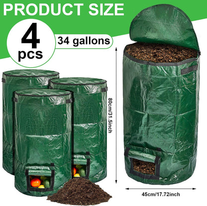Ctosree 4 Pieces Compost Bin Bags Large 34 Gallon Reusable Yard Waste Lawn Bags Heavy Duty Garden Composting Garbage Can Outdoor Container with Zipper Lid and Handles for Loading Leaf Trash