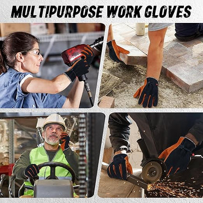 HLDD HANDLANDY 2 Pairs Leather Work Gloves for Men & Women – Cowhide Gardening Gloves, Thorn Proof, Cotton Lined, for Tig/Mig Welding, Construction, Chainsaw, Farm, Landscaping