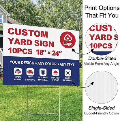 10-Pack Custom Yard Signs with Stakes – 18x24 Personalized Outdoor Directional Signs for Events, Business, and Birthdays – Durable 4mm Weatherproof Corrugated Plastic