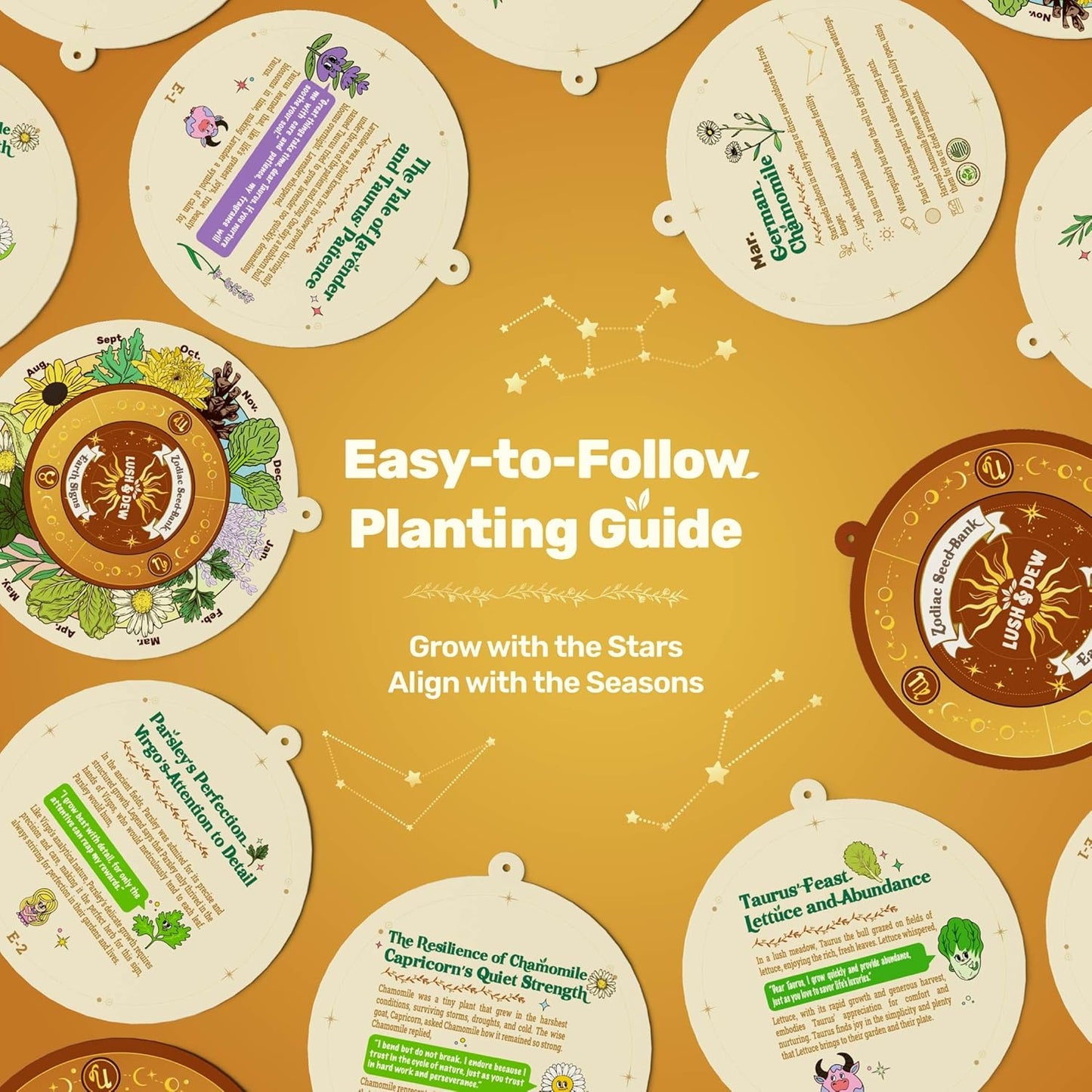 LUSH&DEW Zodiac Garden Seed Bank, 12 Varieties Non-GMO USA-Sourced Heirloom Herb Flower Seeds with Moon Calendar, Gardening Gift for Women Men, Witchcraft Supplies, Earth Sign (Taurus Virgo Capricorn)