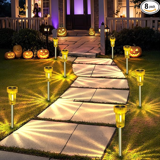 DERAYSION Halloween Solar Lights Outdoor LED Orange Waterproof Pathway Lights Yard Halloween Decorations Auto Dusk-to-Dawn Path Landscape Lights for Christmas Solar Lights Outdoor Decorative 8 Pack