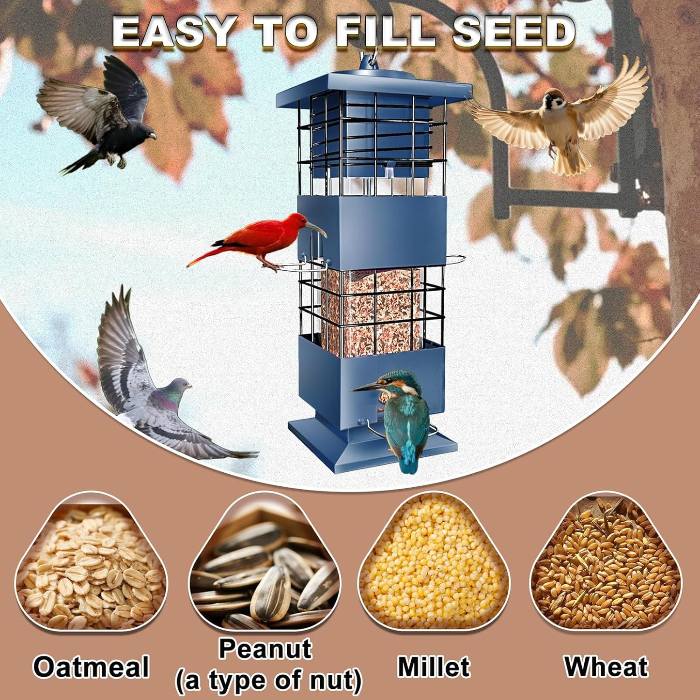 Squirrel Proof Bird Feeder, 3.5Lbs Large Capacity Metal Squirrel-Proof Bird Feeders for Outdoors Hanging, 4 Feeding Ports Wild Bird Feeders with Gravity Protection for Finch, Cardinal, Blue Jay