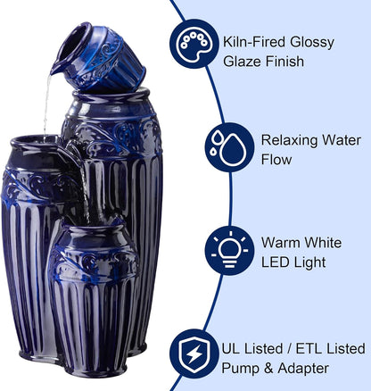 Glitzhome 35.5" H Oversized Outdoor Water Fountain with LED Lights and Pump, 4 Tier Cobalt Blue Embossed Pattern Ceramic Pots Cascading Floor Standing Fountain for Porch Deck Garden Patio Backyard