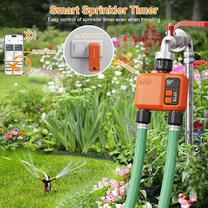 WiFi Water Timer for Garden Hose with 984 ft Range,Smart 2- Zone Sprinkler Timer, APP & Remote Control, Voice Control,Rain Delay, Manual Mode Sprinkler System, Lawn Sprinklers for Yard Large Area