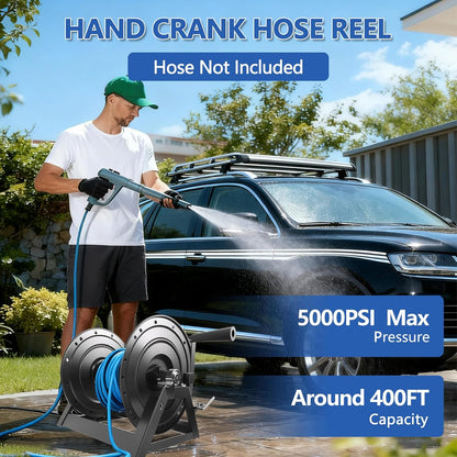 Pressure Washer Hose Reel 3/8" x 350FT, Hand Crank Power Washer Hose Reel with M22 Fitting, 5000 PSI Heavy Duty Hose Reel for Water, High Pressure Washer Reel with Trailer/Wall/Van Mount