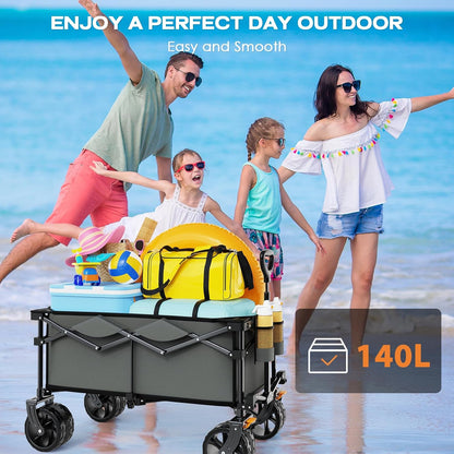 Collapsible Wagon Cart Heavy Duty Foldable, Folding Beach Wagon with Big Wheels for Sand, Utility Grocery Cart with Side Pocket and Brakes for Camping Sports Outdoor Activities, Grey