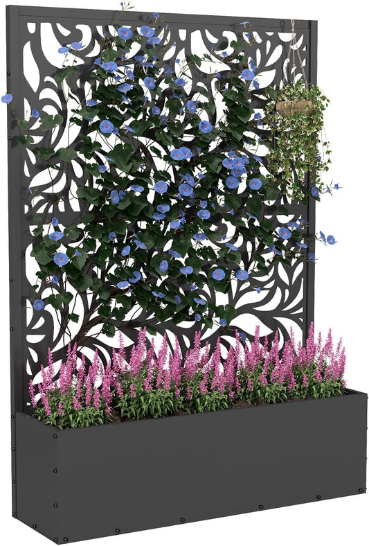 Metal Planter Box with Trellis,70.9"x47.2"x15.7" Raised Garden Bed with Drainage Holes, Privacy Planters for Outdoor Garden Bed for Climbing Plants,Vegetables,and Vines, Black-Flower