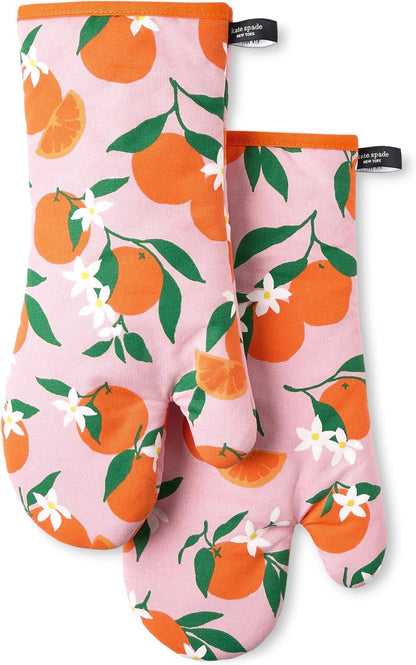 kate spade new york Squeeze The Day Oven Mitt 2-Pack Set, Heat Resistant, 100% Cotton, Orange/Pink, 7"x13"
