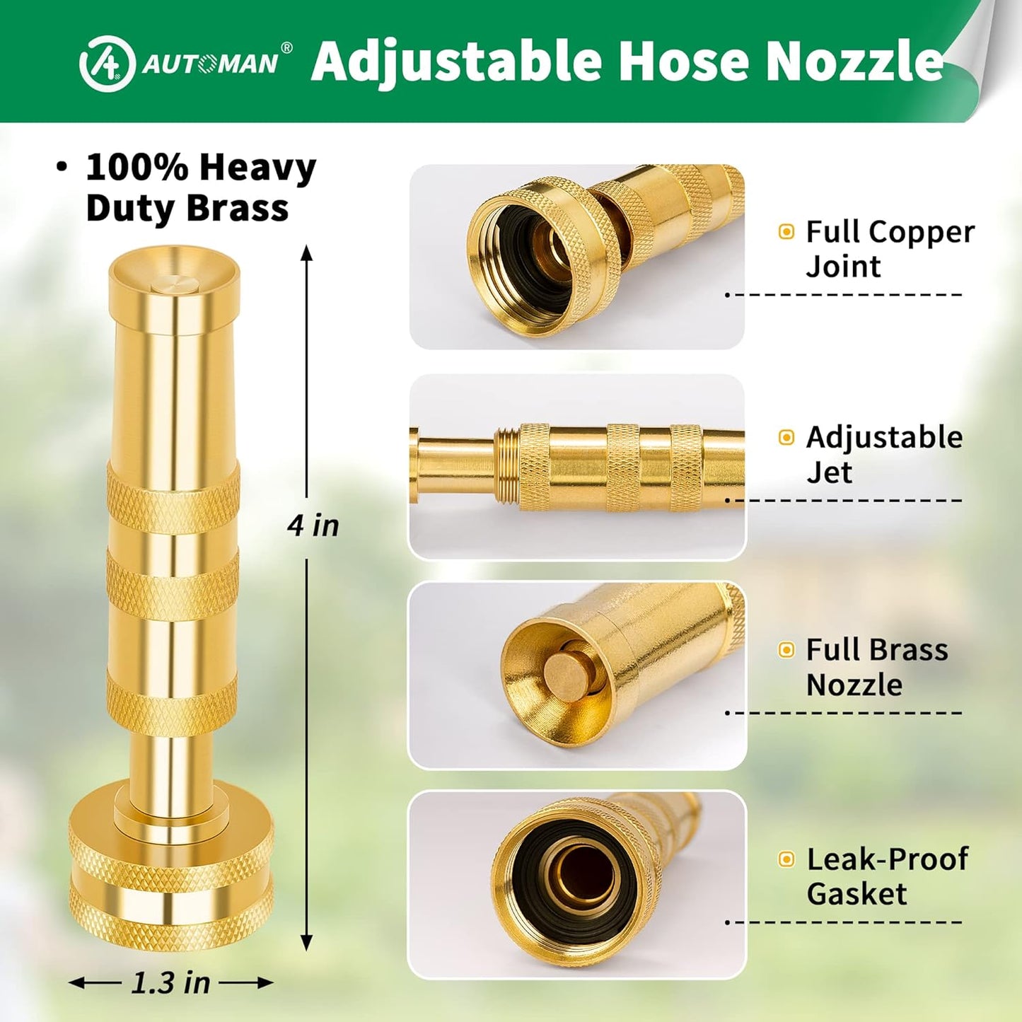 AUTOMAN Brass Hose Nozzle – High Pressure Jet Nozzles 4 Pack, Heavy Duty Sprayer for Garden Hoses, Adjustable Spray Gun,Solid Twist Water Hose Nozzle for Patio, Lawn, Car Wash, Extra 12 Rubber Washers