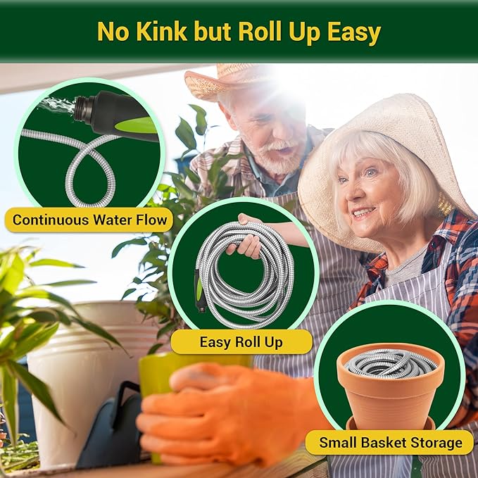 Garden Hose - Water Hose 50 FT with Swivel Handle, Flexible, Heavy Duty, No Kink, Lightweight Metal Hose for Outdoor, Yard, 304 Stainless Steel