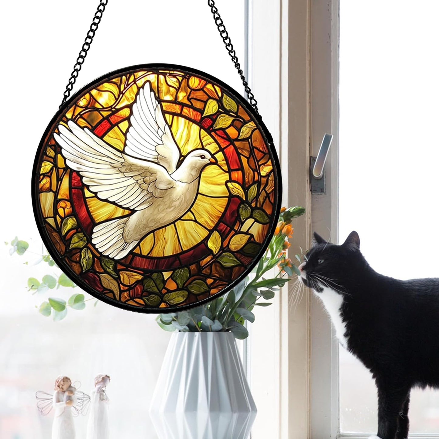 Stained Glass Window Hanging, Flying White Dove Sun Catchers Diamond Glass Panel Hangings Cute Birds Suncatcher Decor for Birthday for Women, Men, Wife, Aunt, and Mom 14.9 in
