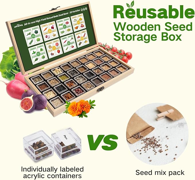 Lush&Dew Raised Garden Bed Heirloom Seed Bank, 32 Varieties 30,000+ Non-GMO Fall Winter Garden Seeds of Vegetables Herbs Fruits, Gardening Gifts for Women Men, Survival Seed Kit Emergency Supplies