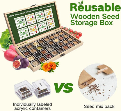 Lush&Dew Raised Garden Bed Heirloom Seed Bank, 32 Varieties 30,000+ Non-GMO Fall Winter Garden Seeds of Vegetables Herbs Fruits, Gardening Gifts for Women Men, Survival Seed Kit Emergency Supplies