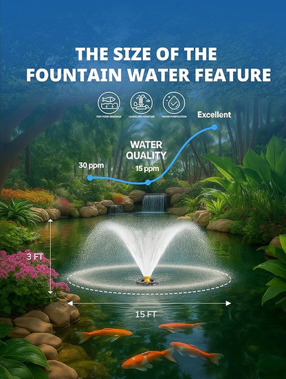 Pond Fountain Aerator Pump with Timer, 50ft Power Cord, 2 Spray Patterns, Energy-Efficient Water Circulation for Ponds & Lakes, Easy Installation