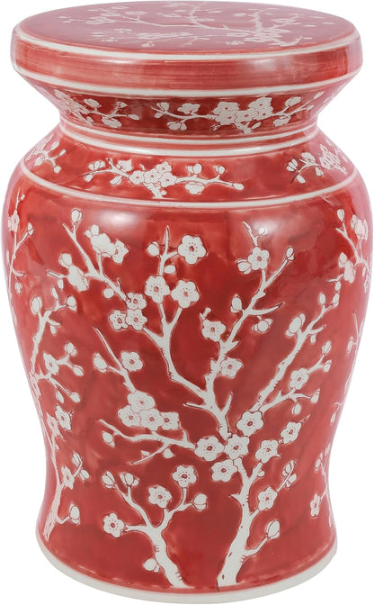 JONATHAN Y TBL1017B Cherry Blossom 17.75" Ceramic Indoor/Outdoor Garden Stool Coastal, Contemporary, Transitional, Patio, Garden Room, Bathroom, Living Room, Red/White