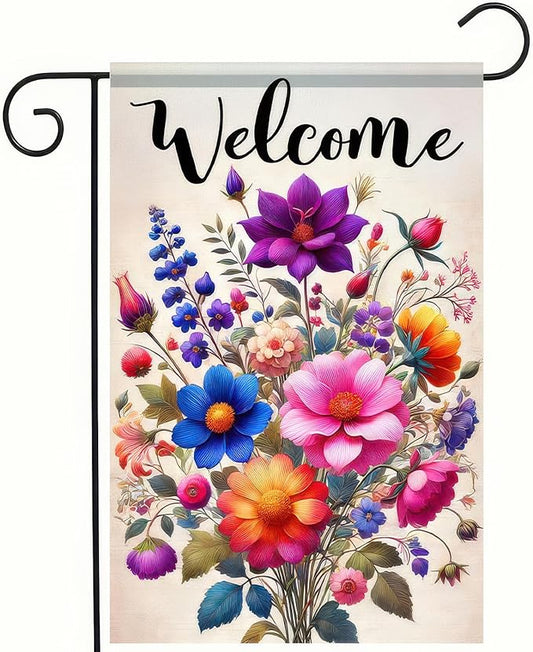 Welcome Spring Garden Flag 12x18 Double Sided Small Floral Flower Garden Yard House Flags Outside Outdoor House Hello Spring Summer Decoration Wedding Anniversary Farmhouse Holiday