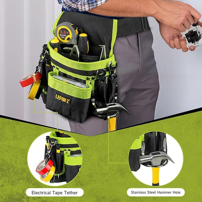 Tool Belt,Magnetic Tool Pouch,14-Pockets Tool Belts for Men,Detachable & Adjustable Tool Pouch belt for Electrician,Carpenter,Construction,Work Apron,Utility Belt,Black-Green