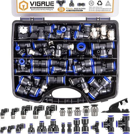 VIGRUE 59PCS Quick Connect Air Hose Fittings Kit - 1/8",1/4",3/8",1/2" Push to Connect Fittings, quick connect hose fittings Air Line Quick Connect Fitting Kit