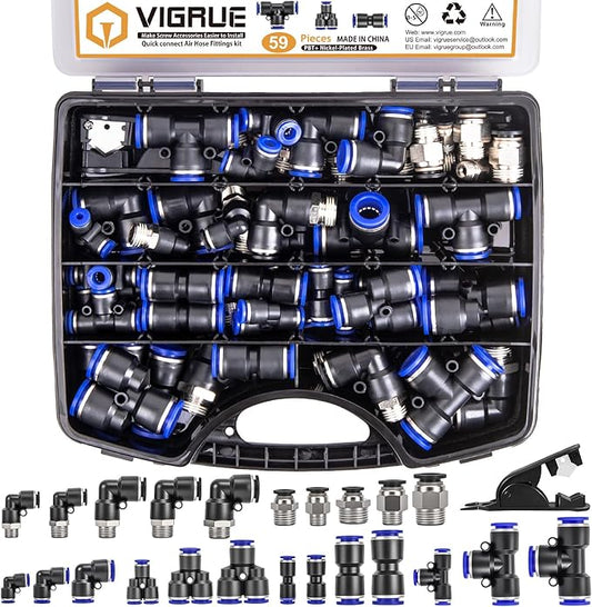 VIGRUE 59PCS Quick Connect Air Hose Fittings Kit - 1/8",1/4",3/8",1/2" Push to Connect Fittings, quick connect hose fittings Air Line Quick Connect Fitting Kit