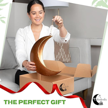 Hanging Moon Bird Feeder – Unique Metal Bird Feeders for Outdoors, Antique Gold, Rust-Resistant, Drain Holes – Wild Bird Feeder for Bluebirds, Cardinals, Finches, and Backyard Birdwatching