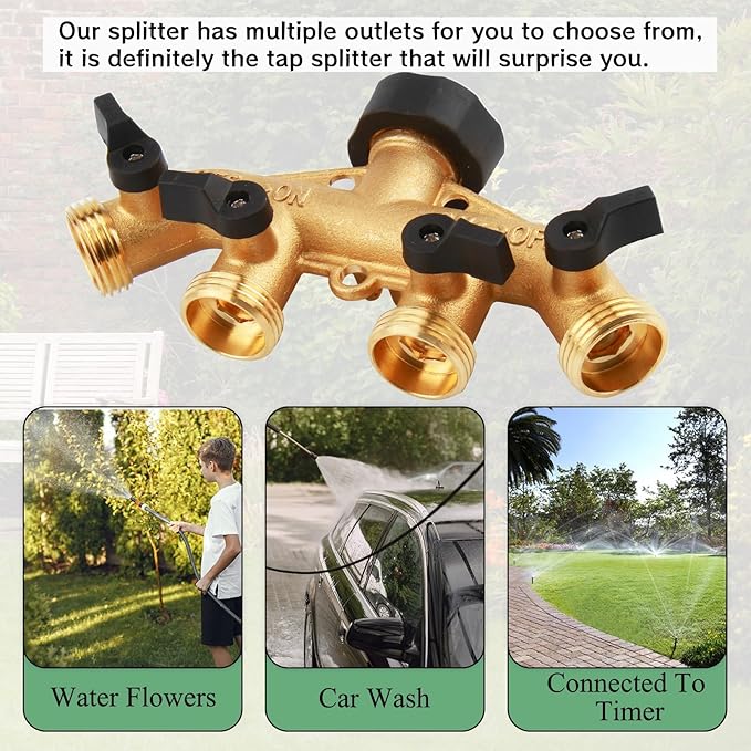 4 Way Hose Splitter Garden Hose Connector, 3/4" Hose Connector with 4 Valves, Hose Bib Splitter Outdoor Faucet Splitter for Efficient Water Distribution and Control
