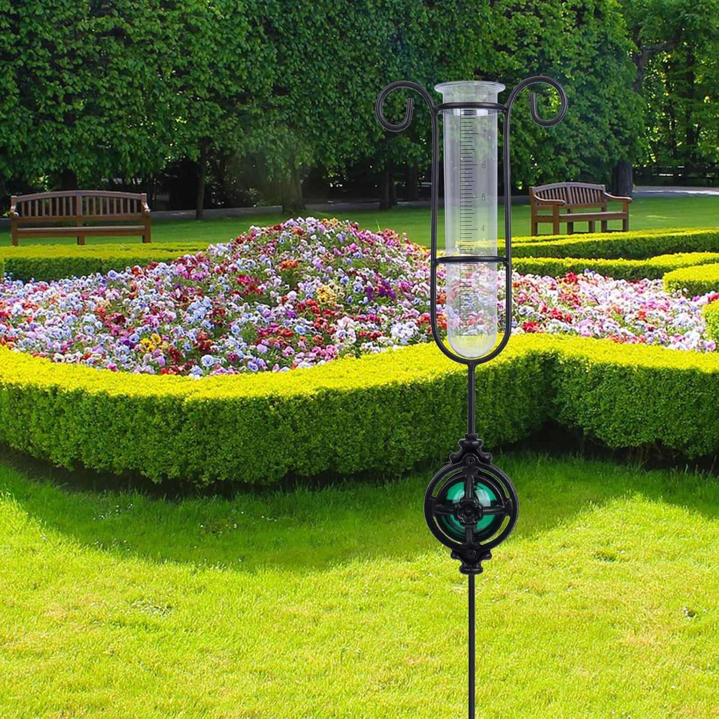 MUMTOP Rain Gauge Outdoor, Metal Gazing Ball Decorative with Stake for Lawn, Yard and Garden(Green)
