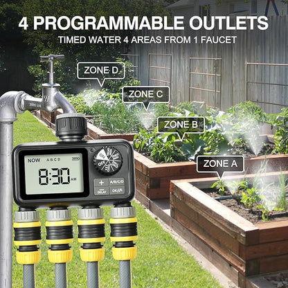 Sprinkler Timer,4 Outlets Programmable Water Timer for Garden Hose,Outdoor Hose Timers with Rain Delay/Manual/Automatic Watering System,Digital Irrigation Timers for Yard,Lawn