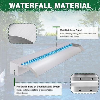 Waterfall Pool Fountain, LONGRUN Stainless Steel Waterfall Spillway for Pools and Ponds - 35.4" Wide Decorative Water Feature for Swimming Pools, Koi Ponds, and Garden
