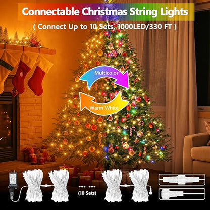 Warm White to Multicolor Color Changing 100 LED 33FT Connectable Christmas String Lights for Outdoor Indoor, 11 Modes Christmas Tree Clear Wire Fairy Waterproof Lights with Memory & Remote & Timer