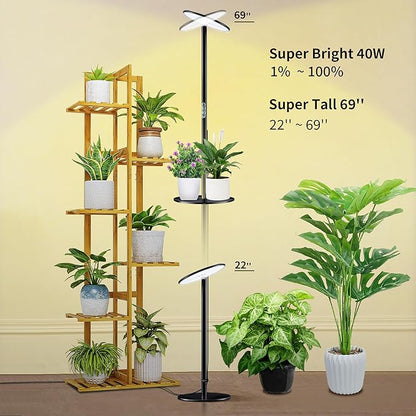 chiphy Grow Lights, Full Spectrum Plant Light for Indoor Plants, 4/8/12H Timer, 40W All Metal Floor Grow Lamp, 10 Dimmable Brightness, 69" Tall with Tray, Remote Control, Ideal for Large Tall Plants