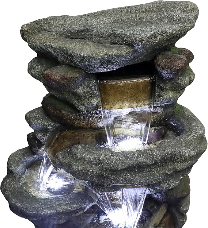SunJet 51" High Multi-Tiers Cascading Rock Outdoor Water Fountain with LED Lights - Large Outdoor Resin Fountains and Waterfalls for Garden or Patio, Yard, Deck Decor, Featuring Natural Stone Look