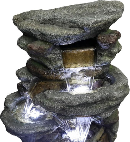 SunJet 51" High Multi-Tiers Cascading Rock Outdoor Water Fountain with LED Lights - Large Outdoor Resin Fountains and Waterfalls for Garden or Patio, Yard, Deck Decor, Featuring Natural Stone Look