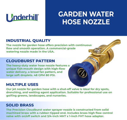 Underhill Precision Cloudburst with High Flow Control Valve Garden Water Hose Nozzle, Sprayer, 48 GPM 80 PSI, 3/4-Inch by 1-Inch, Heavy-Duty, HN4800CV