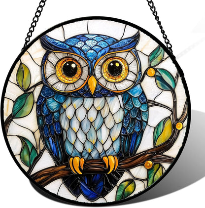 Stained Glass Window Hanging, Owl Gifts for Women Sun Catchers Diamond Glass Panel Hangings Birds Suncatcher Decor for Birthday for Women, Men, Wife, Aunt, and Mom 14.9x14.9 in