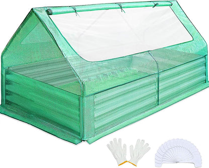 Quictent 6x3x1ft Galvanized Raised Garden Bed with Cover Metal Planter Bottomless Box w/ 2 Large Screen Windows Mini Greenhouse 20pcs T-Tags 1 Pair Gloves Outdoor Growing Vegetables (Green)