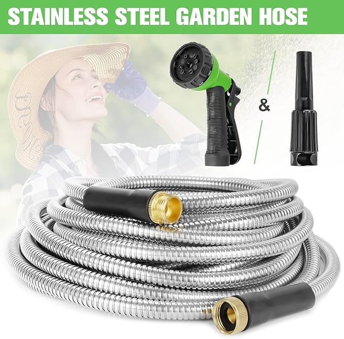 Garden Hose 100ft Stainless Steel Water Hose Super Tough Flexible Water Pipe with Brass Fittings and Sprayer Nozzle, No Kink, Rust Proof