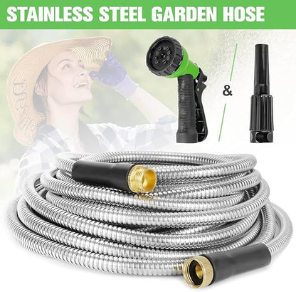 Garden Hose 100ft Stainless Steel Water Hose Super Tough Flexible Water Pipe with Brass Fittings and Sprayer Nozzle, No Kink, Rust Proof