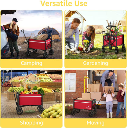Collapsible Wagon Cart with Wheels Foldable - Folding Utility Heavy Duty Wagons Carts for Grocery Sports Garden Shopping Camping Wheelbarrows (Burgundy, 90L)