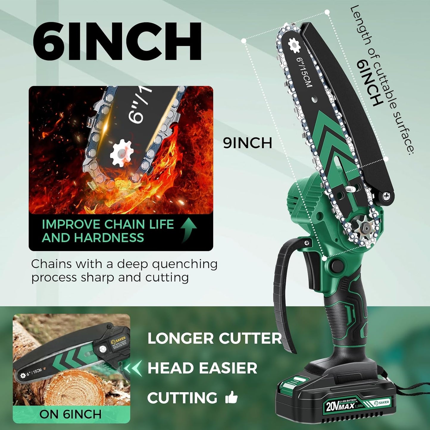 Saker Mini Chainsaw,6 Inch Portable Electric Chainsaw Cordless, Small Handheld Chain saw for Tree Branches,Courtyard, Household and Garden,Gift for Men Dad(SK1806D-G)