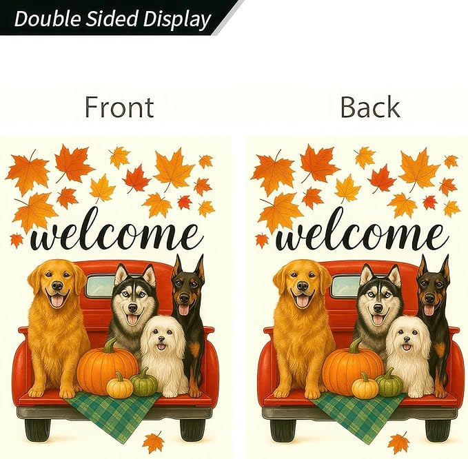 Welcome Fall Garden Flag 12x18 Inch Double Sided Red Truck with Dogs Yard Flags Autumn Pumpkin Leaf Outdoor Decoration Small Flag for Porch Lawn Pet Lovers